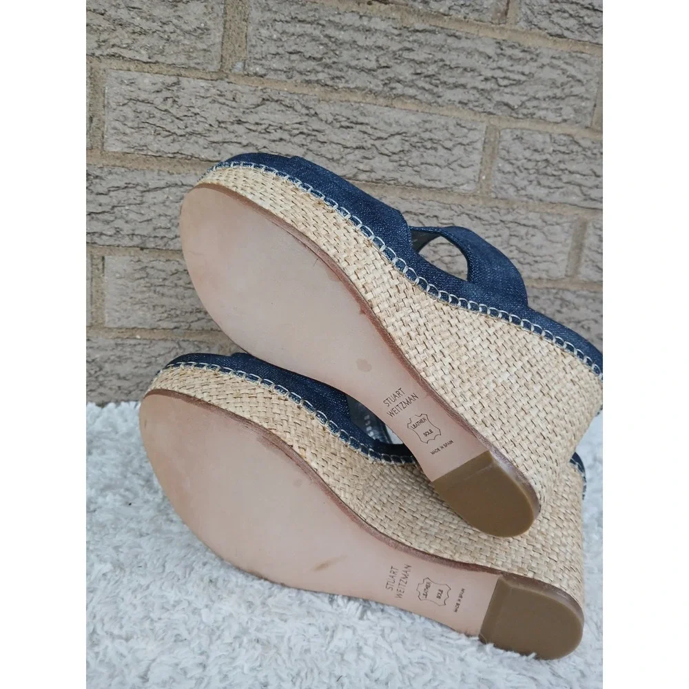 Stuart Weitzman Ponte Navy Antique Denim Wedge Espadrille Sandals Sz  8.5